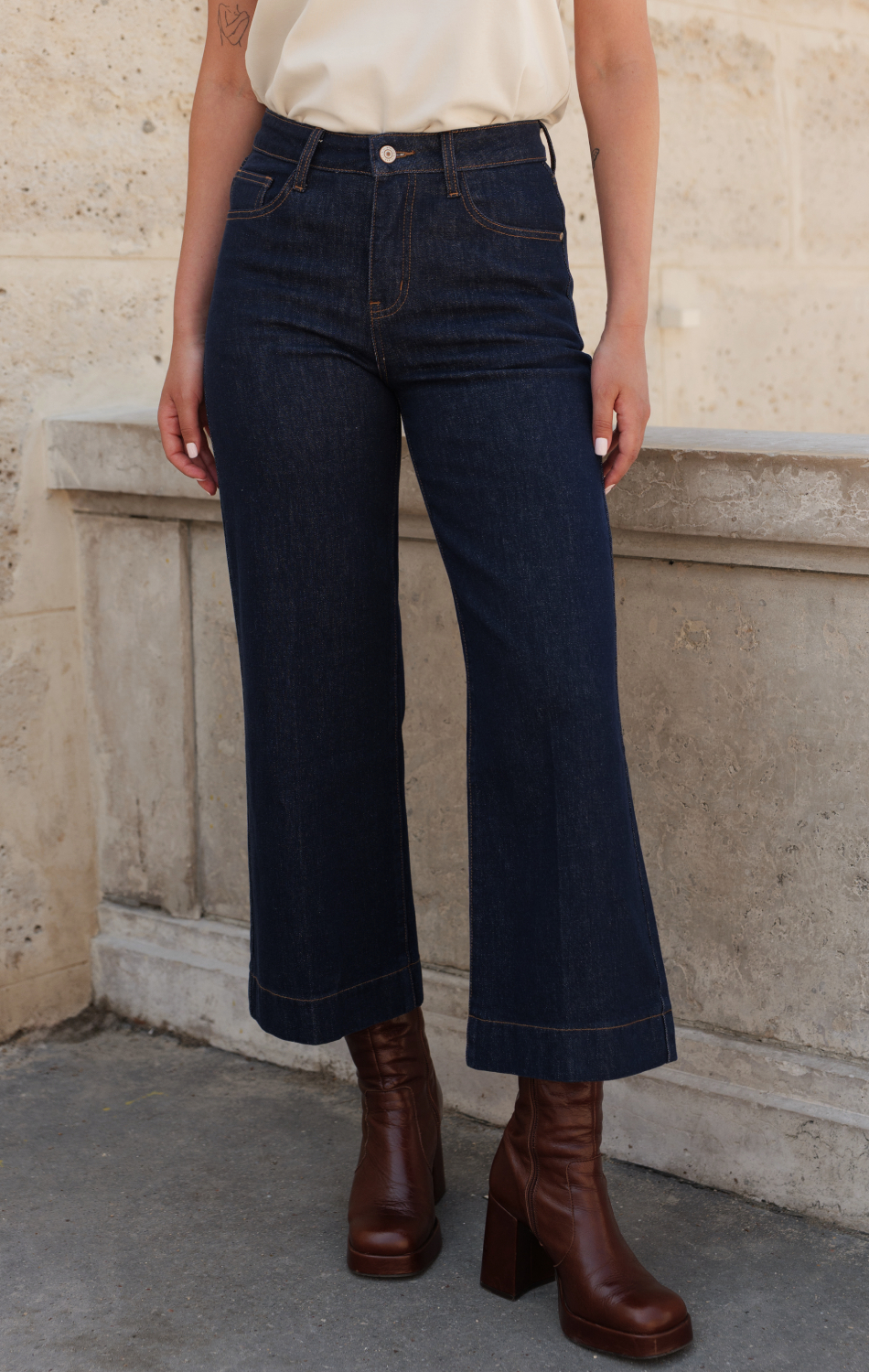 PANTALON ORNELLA CULOTTE EN DENIM AZUL OSCURO - Imagen 3